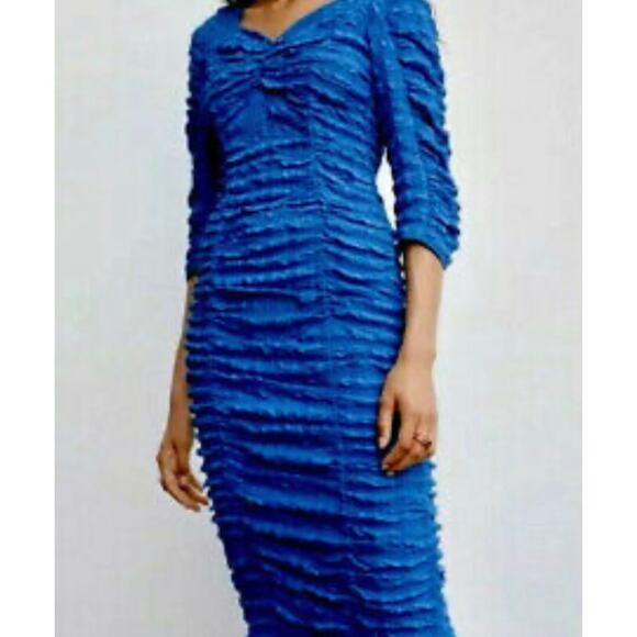 Zara Bright Blue Ruched  Bodycon Midi Dress  Bloggers Favorite Size L - Picture 4 of 12